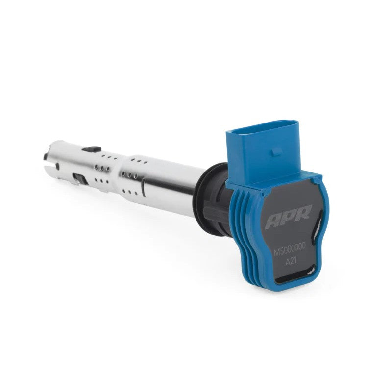 Blue APR ignition coil with logo for Audi, Volkswagen, and Lamborghini engines