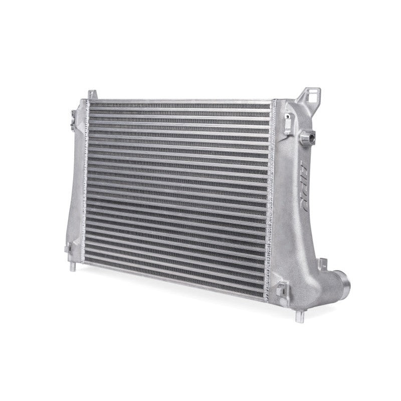 APR bar-and-plate intercooler core with cast aluminum end tanks and installation hardware for Audi and VW MQB vehicles