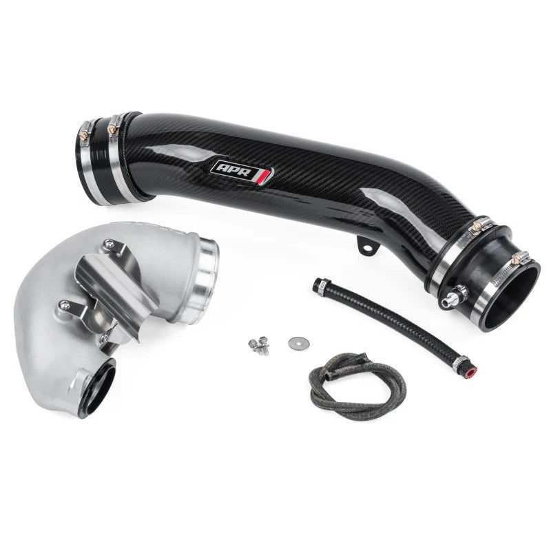 APR 4-inch carbon fiber and cast aluminum turbocharger inlet pipe with stainless steel heat shield and adapter rings.
