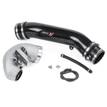 APR 4-inch carbon fiber and cast aluminum turbocharger inlet pipe with stainless steel heat shield and adapter rings.