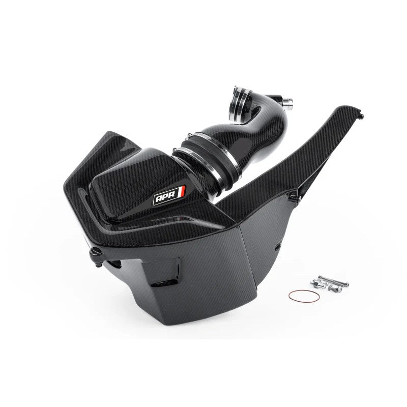 APR carbon fiber intake system featuring high-flow conical filter and billet turbo adapter for Audi B9 3.0T engines