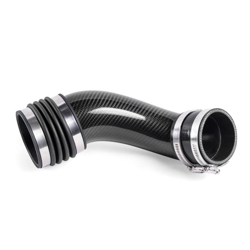 Glossy carbon fiber turbo inlet pipe with a black silicone flex coupler and mounting hardware.