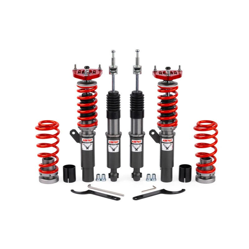 APR Roll-Control Coilover kit featuring front and rear monotube dampers, linear springs, and integrated camber plates.