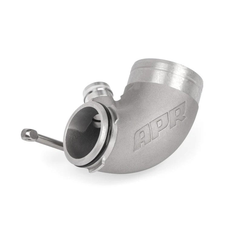 APR cast aluminum turbo inlet pipe with CNC-machined ports and billet stainless steel securing arm for MQB engines.