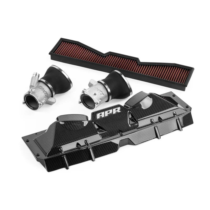 APR carbon fiber airbox and cast aluminum turbocharger inlets for Audi RS6 and RS7 4.0T engine.