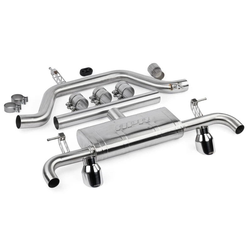 APR T304 stainless steel catback exhaust system with 4-inch polished slash-cut tips for 2022-2026 Volkswagen GTI.