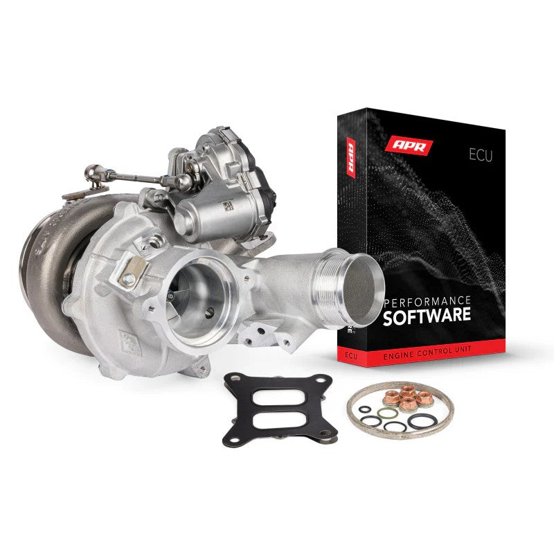 APR Stage 3 Garrett PowerMax GT2563S turbocharger with stainless steel turbine housing and installation hardware kit.