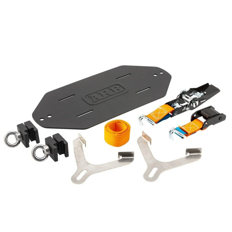 ARB BASE Rack Gas Bottle Holder with adjustable stainless steel brackets and heavy-duty ratchet strap mounting hardware.