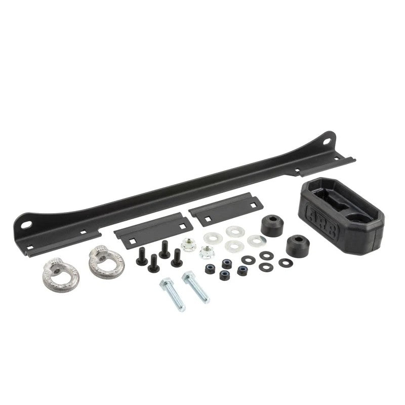 ARB BASE Rack Hi-Lift Jack mounting bracket featuring forged eye nuts and black corrosion-resistant finish