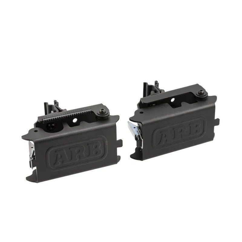 Black powder-coated steel ARB BASE Rack Hi-Lift jack holder with dovetail mounting clamps and padlock provision.