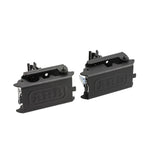 Black powder-coated steel ARB BASE Rack Hi-Lift jack holder with dovetail mounting clamps and padlock provision.