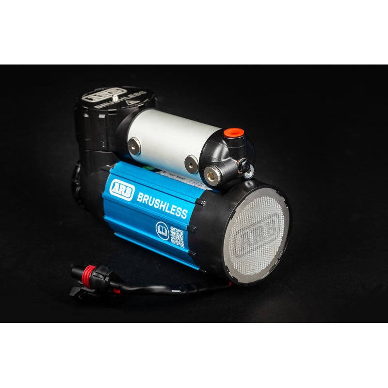 ARB Brushless 12V single motor on-board air compressor kit with integrated cooling fan and quick-release mounting bracket.