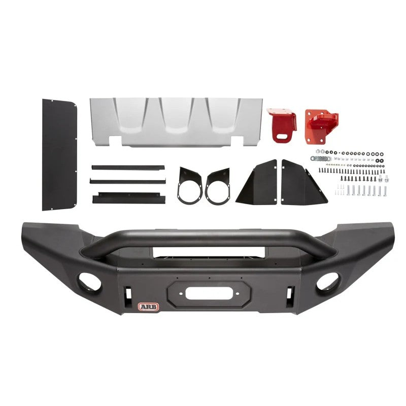 ARB Bondi Deluxe Winch Bumper in matte black with 3-inch bull bar and red 8T recovery points on a Jeep Wrangler.