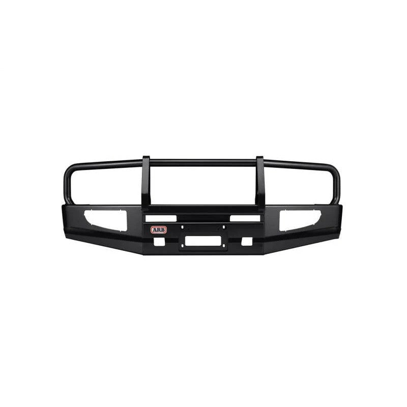 Black powder-coated ARB Deluxe steel front bumper with winch mount for 2007-2014 Toyota FJ Cruiser.