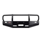 Black powder coated steel ARB Deluxe Bumper with winch mount and urethane buffers for 1995-2004 Toyota Tacoma.