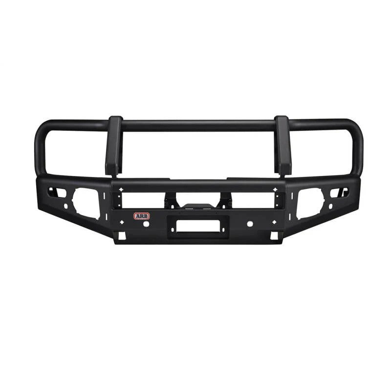 ARB Summit series front bumper with winch mount and fog lights in textured black Integrit finish