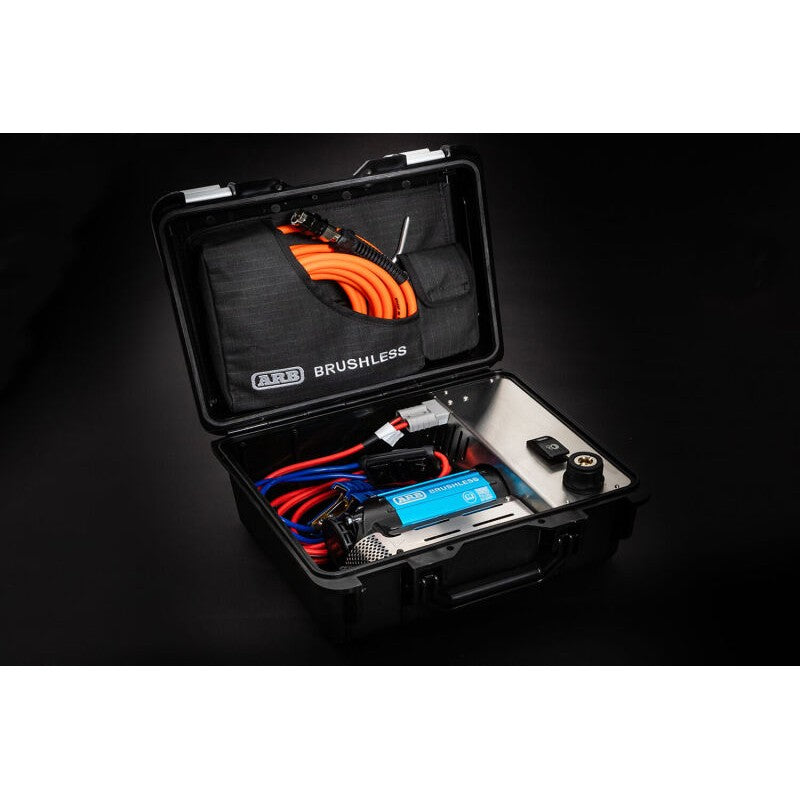 ARB CKBLP12 portable brushless 12V single air compressor kit with 20ft hose and tire chuck in a durable carry case.