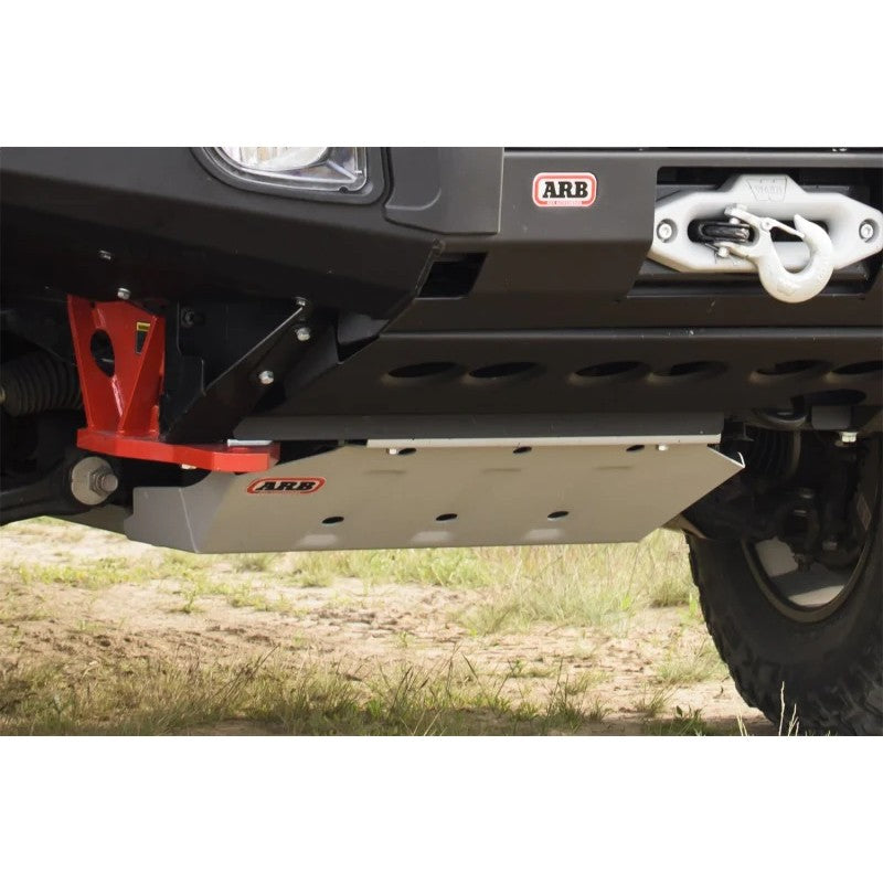 Silver powder-coated 3mm steel ARB Under Vehicle Protection skid plate kit for Toyota 4Runner and FJ Cruiser.