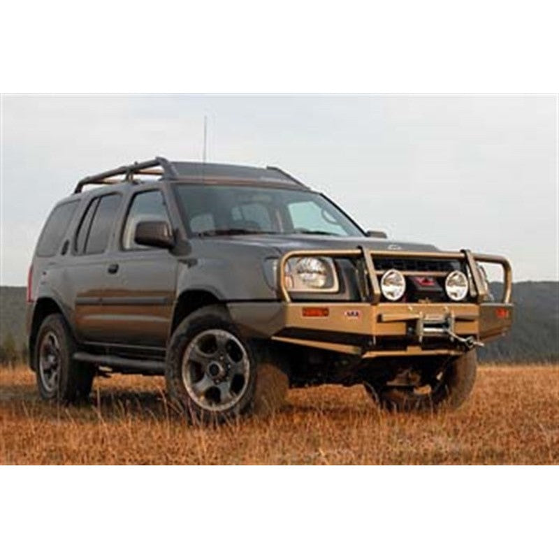 Black powder coated steel ARB Deluxe Winch Bar front bumper for 1998-2004 Nissan Frontier and Xterra.