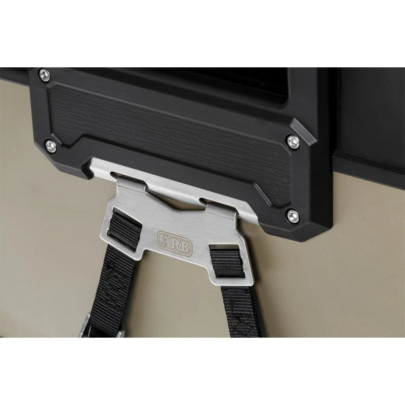 Stainless steel brackets and hardware for the ARB Zero Fridge Freezer tie down kit.