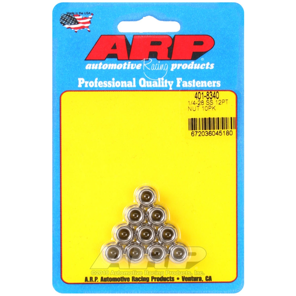 Set of ten ARP 1/4-20 stainless steel nuts with 12-point heads.