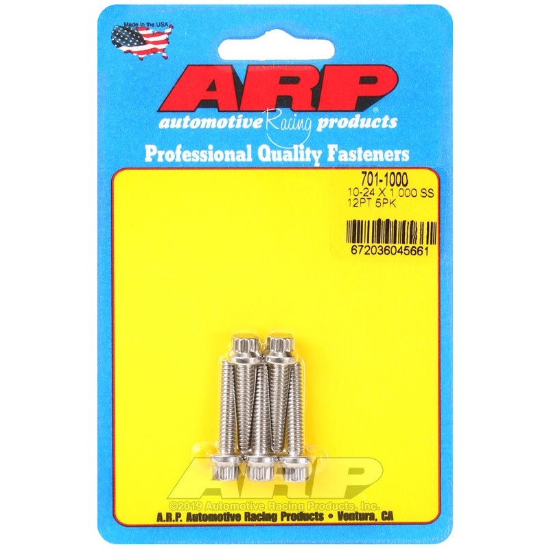 Set of five ARP 12-point stainless steel bolts with 10-24 threads and 1.000 inch under head length.