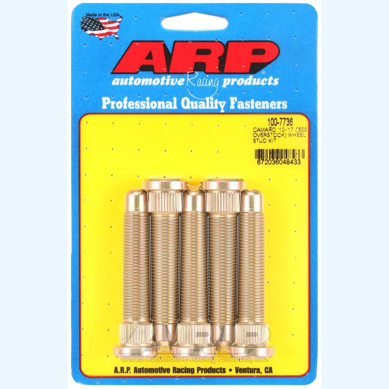 Close-up of silver ARP M14 wheel studs with knurled bases and extended threaded shanks.