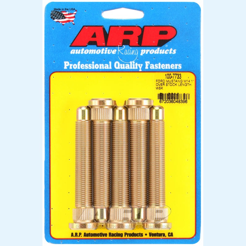Set of ARP M14 1-inch over stock length wheel studs with knurled bases, arranged in a kit.