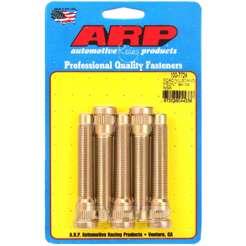 Five black heavy-duty wheel studs with fine threads and knurled bases, arranged for a front wheel application.