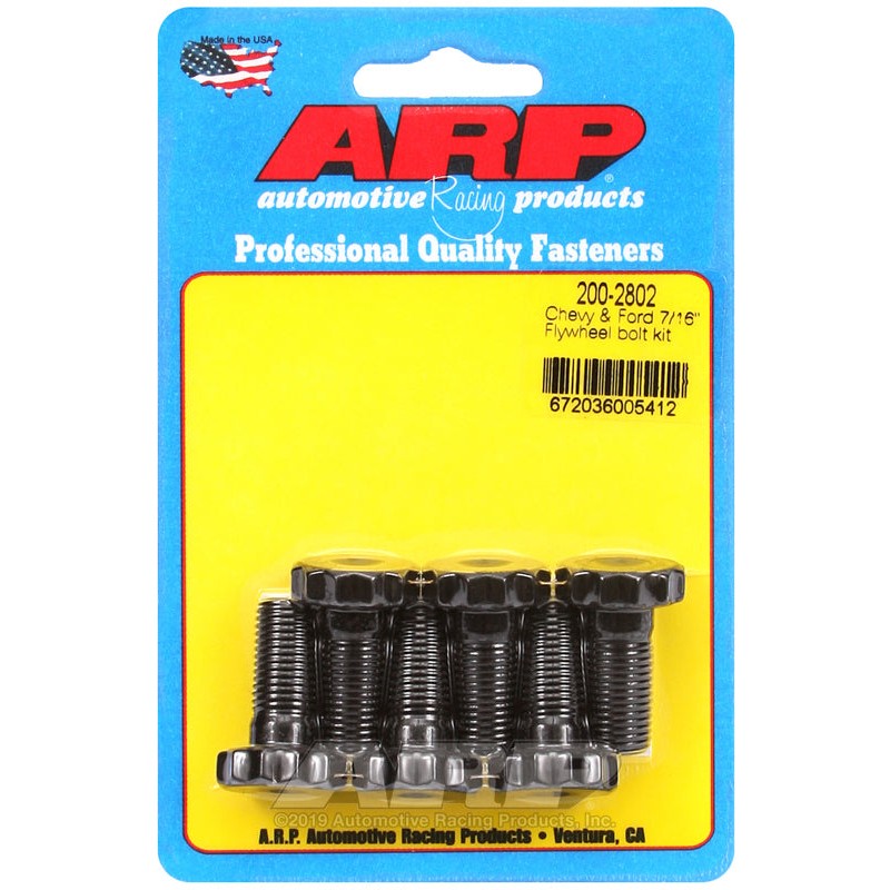 ARP 200-2802 black oxide 12-point flywheel bolts and washers for Chevy and Ford 7/16-20 thread applications.
