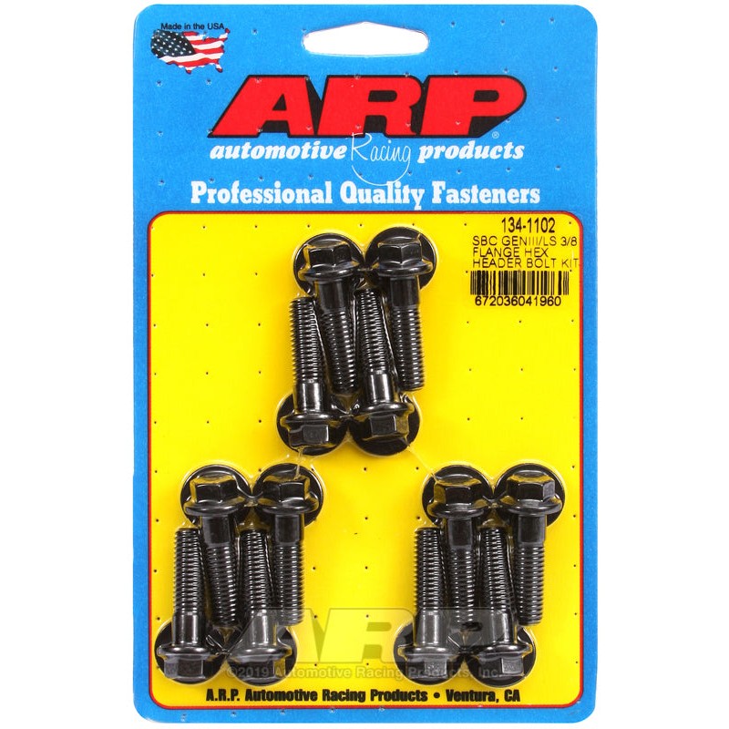 ARP 134-1102 black oxide 8740 chrome moly header bolt kit with 3/8 inch flange hex heads for Chevy LS engines.