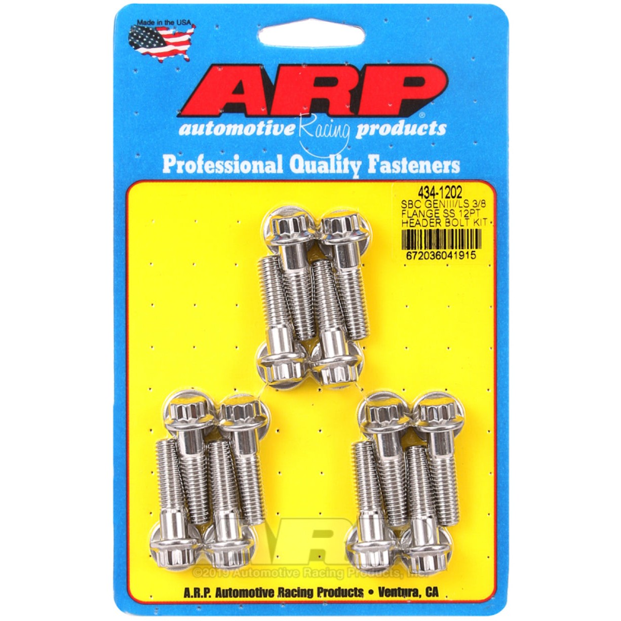 ARP 434-1202 polished stainless steel 12-point header bolts with integrated 3/8 inch flanges.