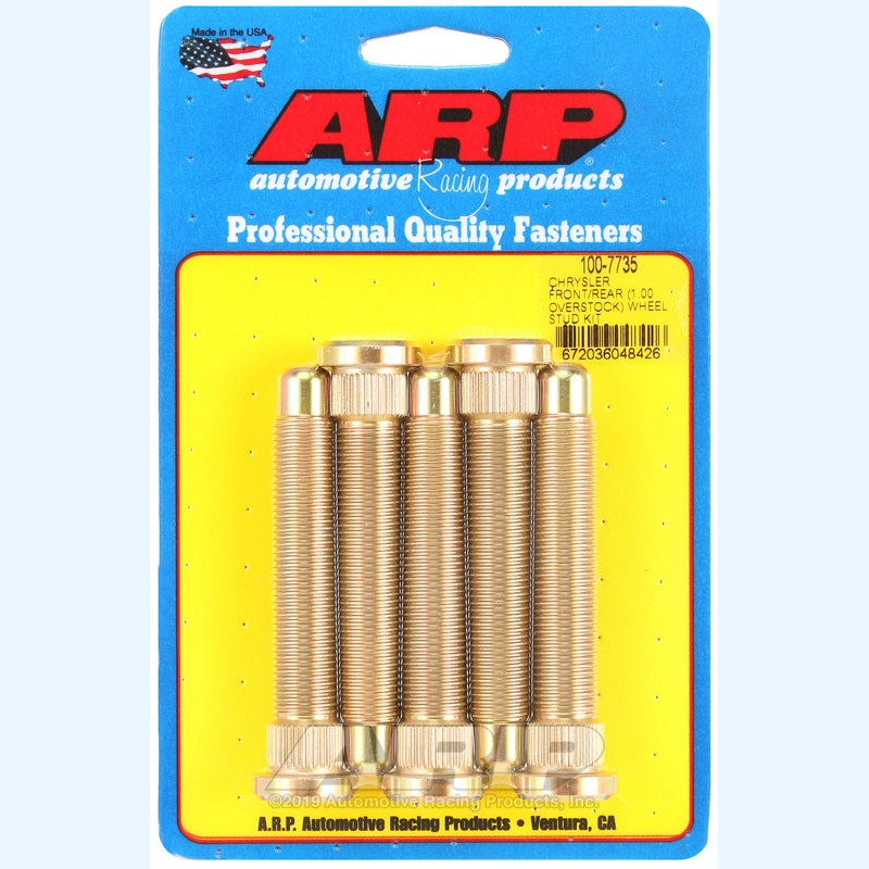 Close-up of an ARP M14 extended wheel stud, showing the knurled press-in base and threaded shaft.