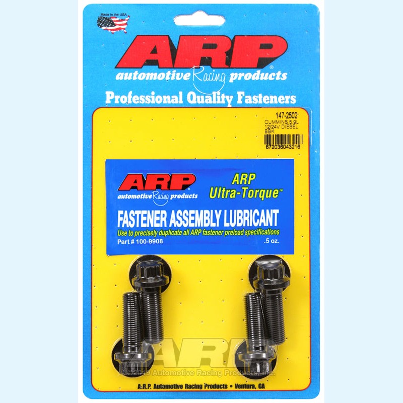 ARP black oxide 8740 chrome moly harmonic balancer bolt and thick parallel-ground washer for Dodge Cummins engines.