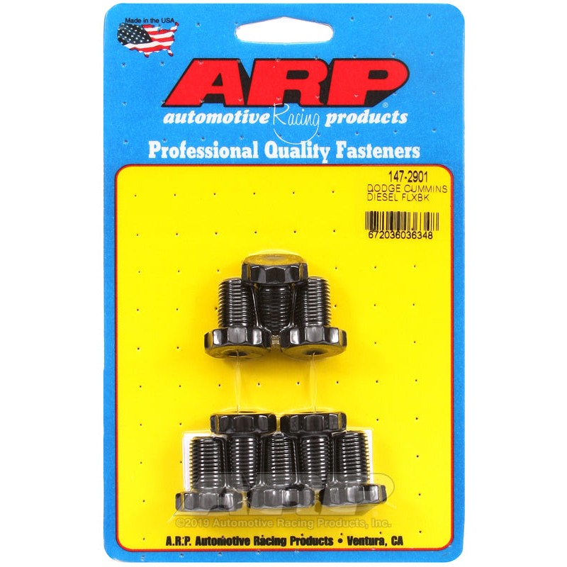 Set of eight high-strength ARP 147-2901 flex plate bolts with black oxide finish for Dodge Cummins diesel engines.