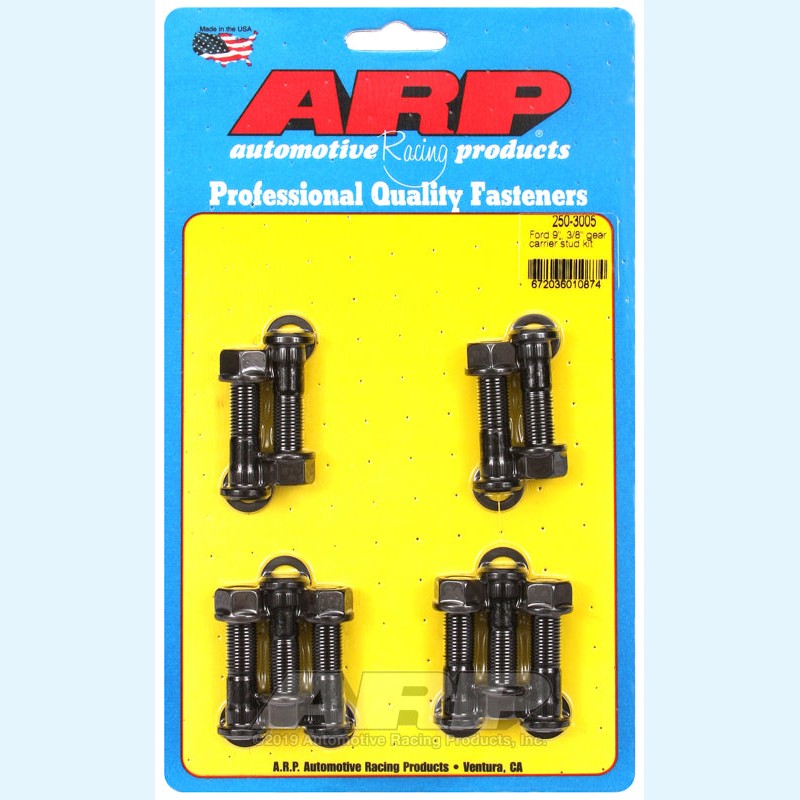 ARP 250-3005 black oxide 3/8 inch gear carrier stud kit with nuts and washers for Ford 9-inch differential housings.
