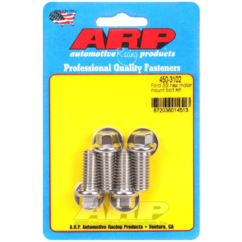 ARP 450-3102 polished stainless steel hex head motor mount bolts for Ford engines.