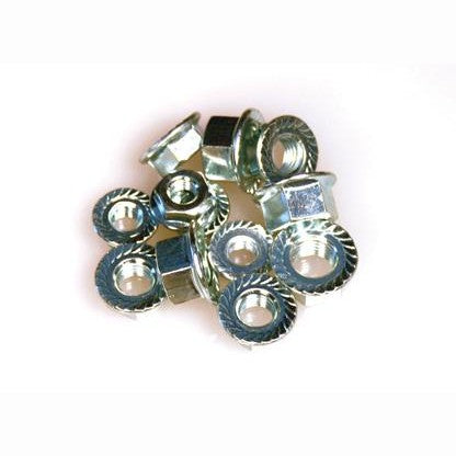 A set of ten ARP M10 x 1.25 metric locking flange nuts showing the integrated washer base and locking thread design.