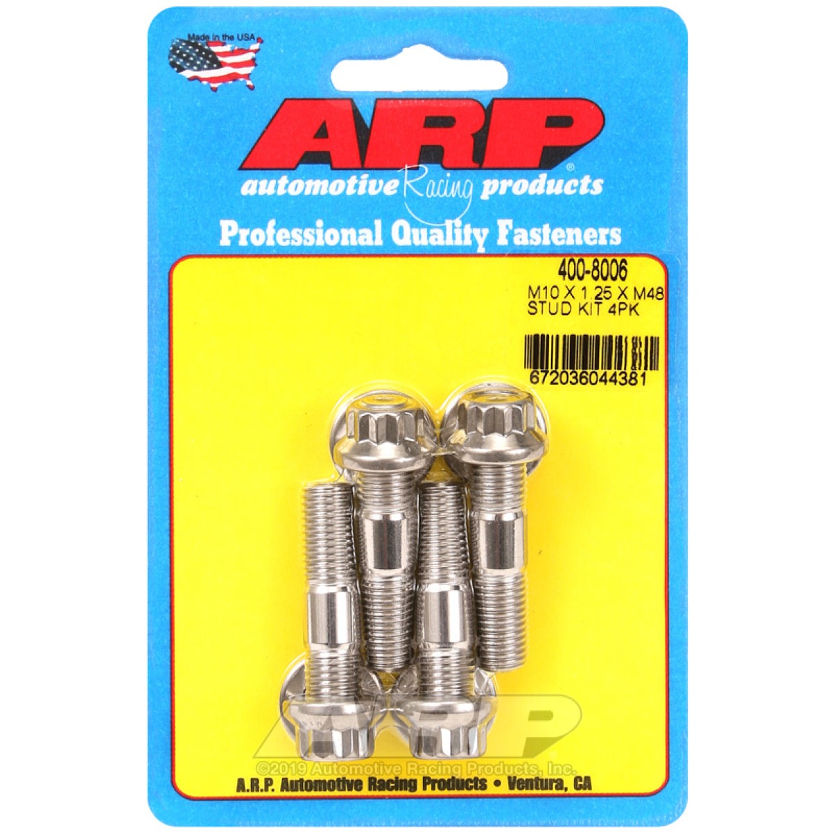 Set of four ARP 400-8006 M10 x 1.25 x 48mm broached studs showing the internal hex ends and high-strength threads.