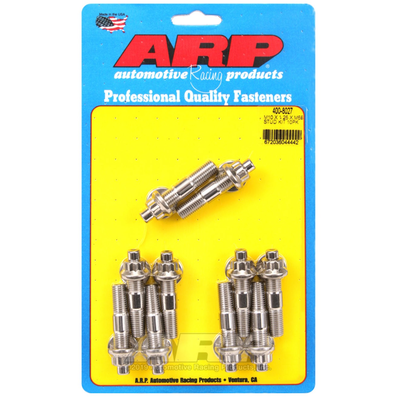 Set of ten ARP M10 x 1.25 x 55mm black oxide studs featuring hex-broached tips for installation.
