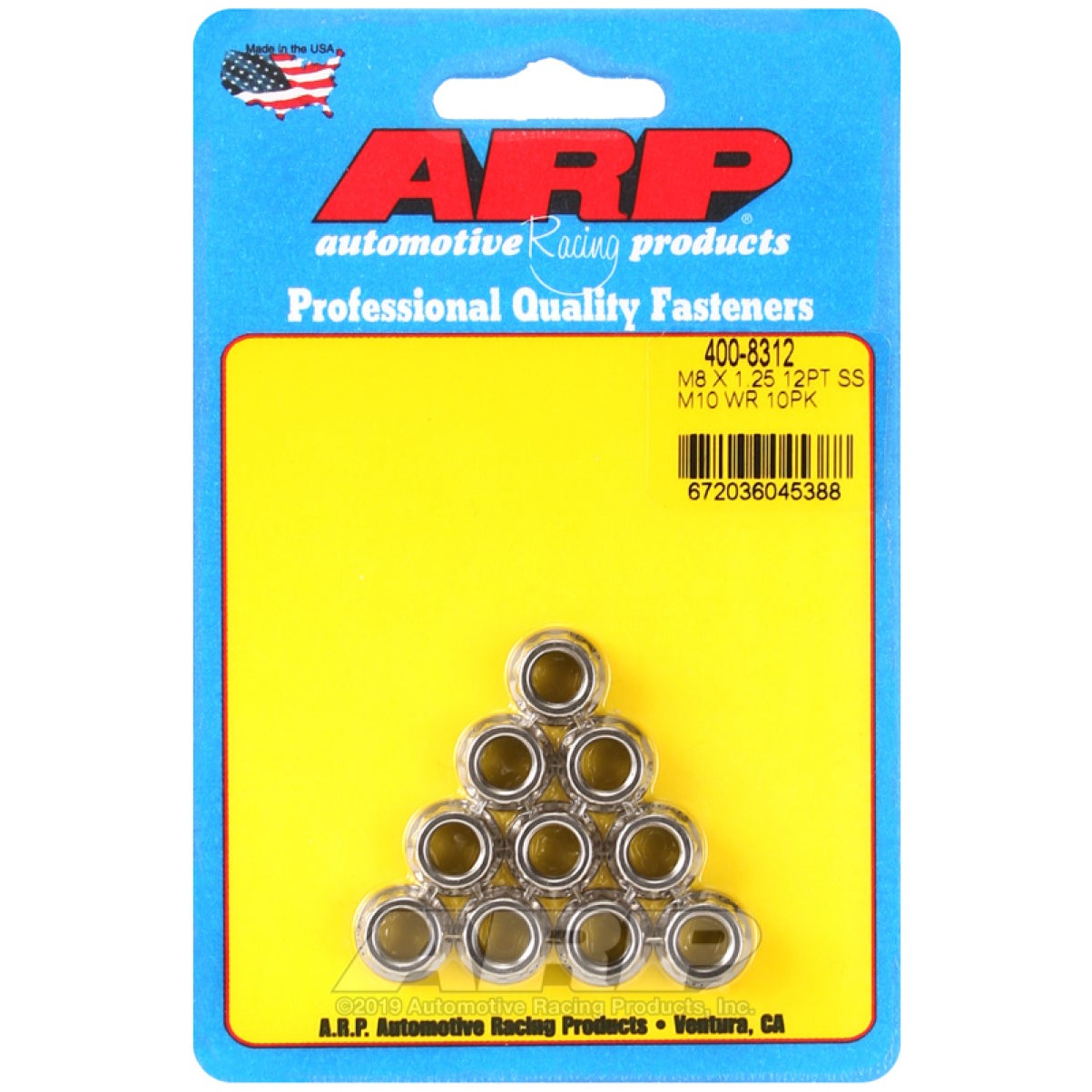 ARP 400-8312 stainless steel M8 x 1.25 nuts with a 12-point head design and polished finish.