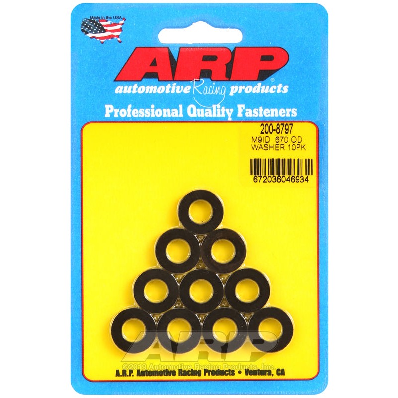 Ten ARP M9 black oxide washers featuring a chamfered inner diameter and 0.670 inch outer diameter.