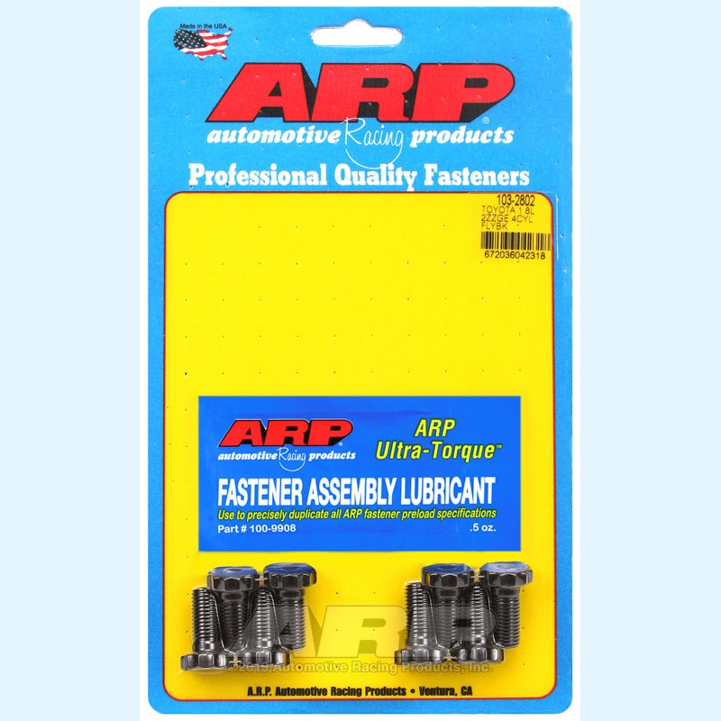 ARP high-strength flywheel bolt kit for Nissan RB26 engines, showing a set of six black-finished bolts with washers.