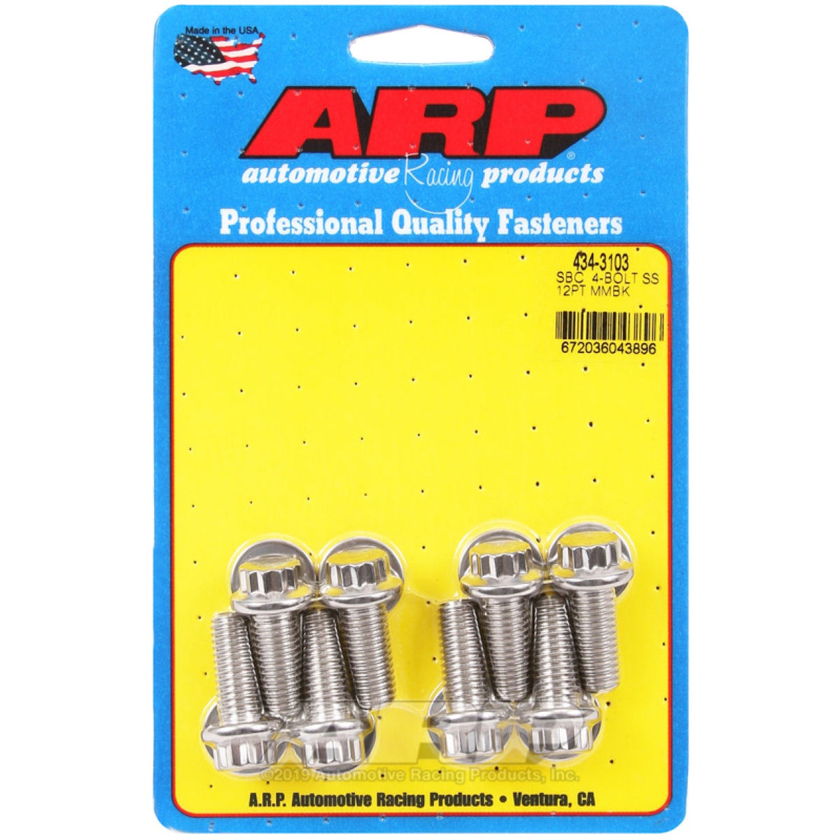 ARP 434-3103 Small Block Chevy 4-bolt motor mount bolt kit with stainless steel 12-point fasteners.