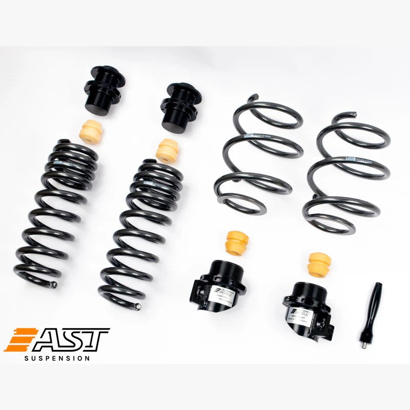AST adjustable lowering spring kit with threaded height adjusters for BMW M3 G80 and M4 G82 G83 models.