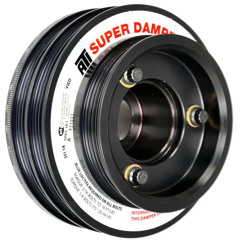 ATI Super Damper aluminum harmonic balancer for Nissan RB26 featuring dual 4-groove pulleys and power steering pulley.