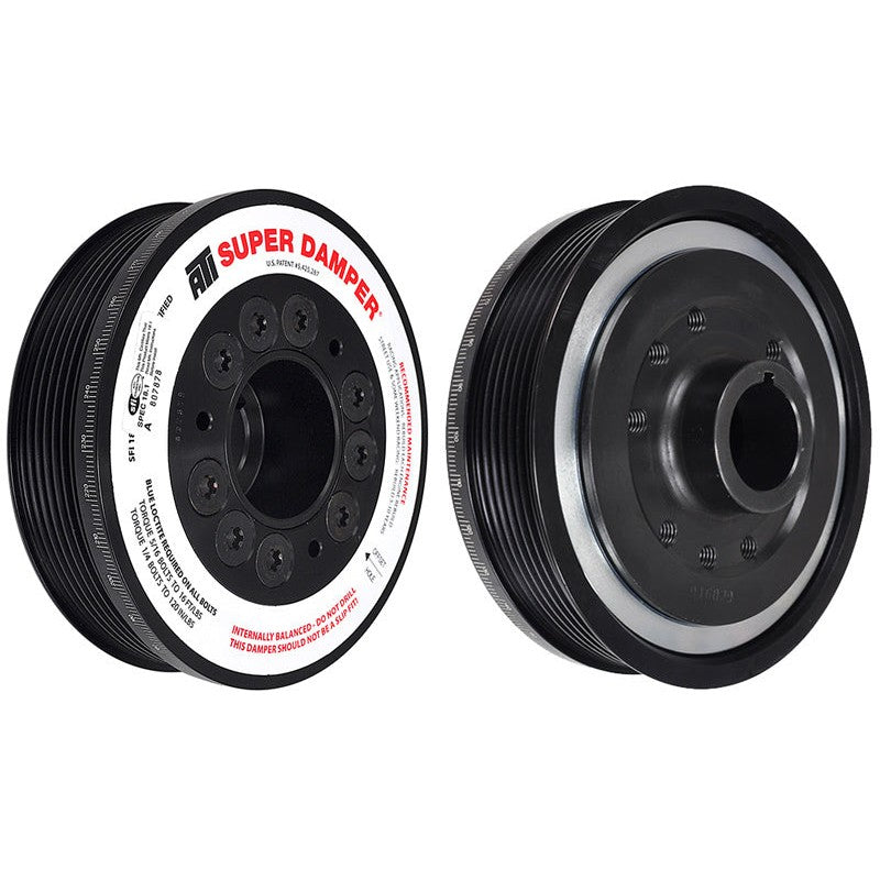 ATI Super Damper harmonic balancer featuring a silver aluminum shell and 6-groove serpentine pulley for Honda F20/F22.