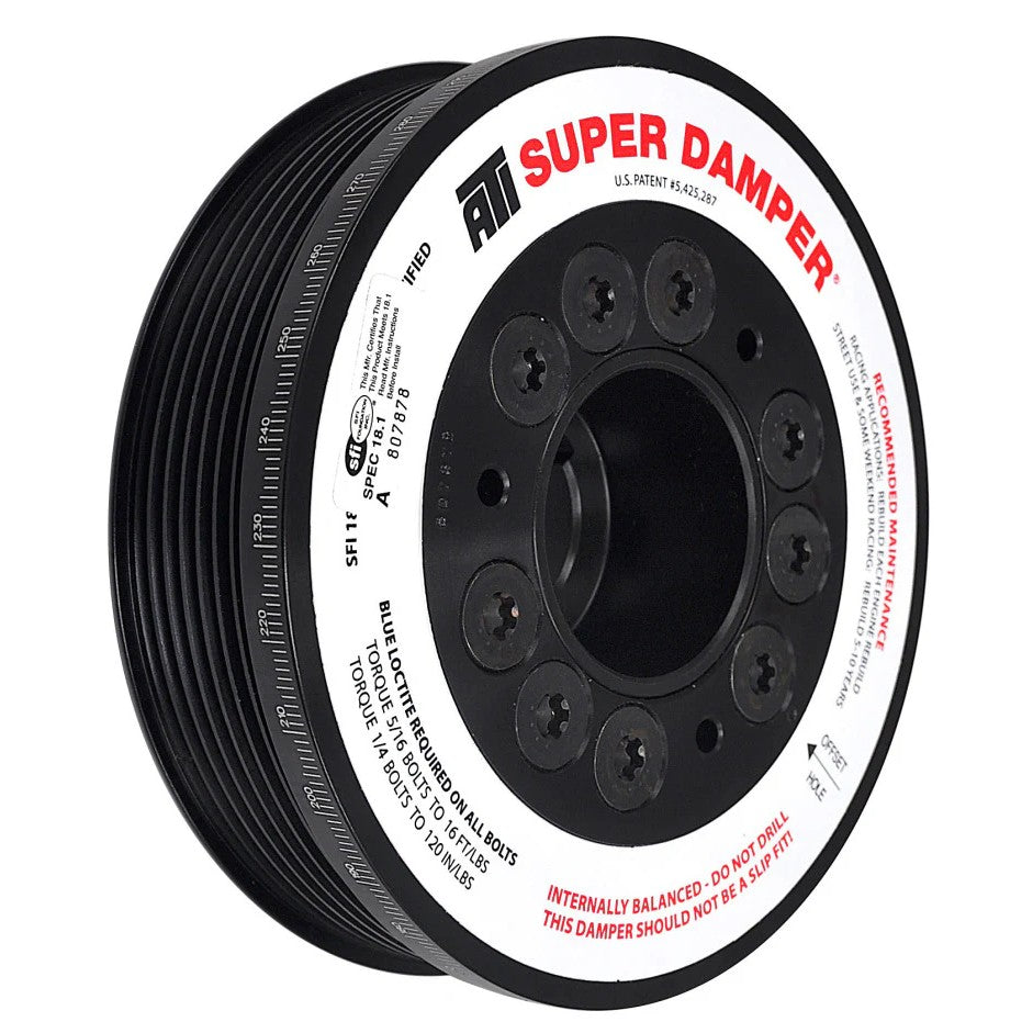 ATI Super Damper street series harmonic balancer with 5.67-inch aluminum 7-groove pulley for Honda K20 engines.