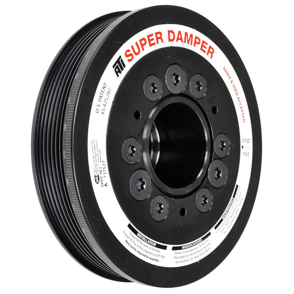 ATI Super Damper harmonic balancer, 6.78-inch aluminum shell with 6-groove pulley and 28T HTD rear drive accessory mount.