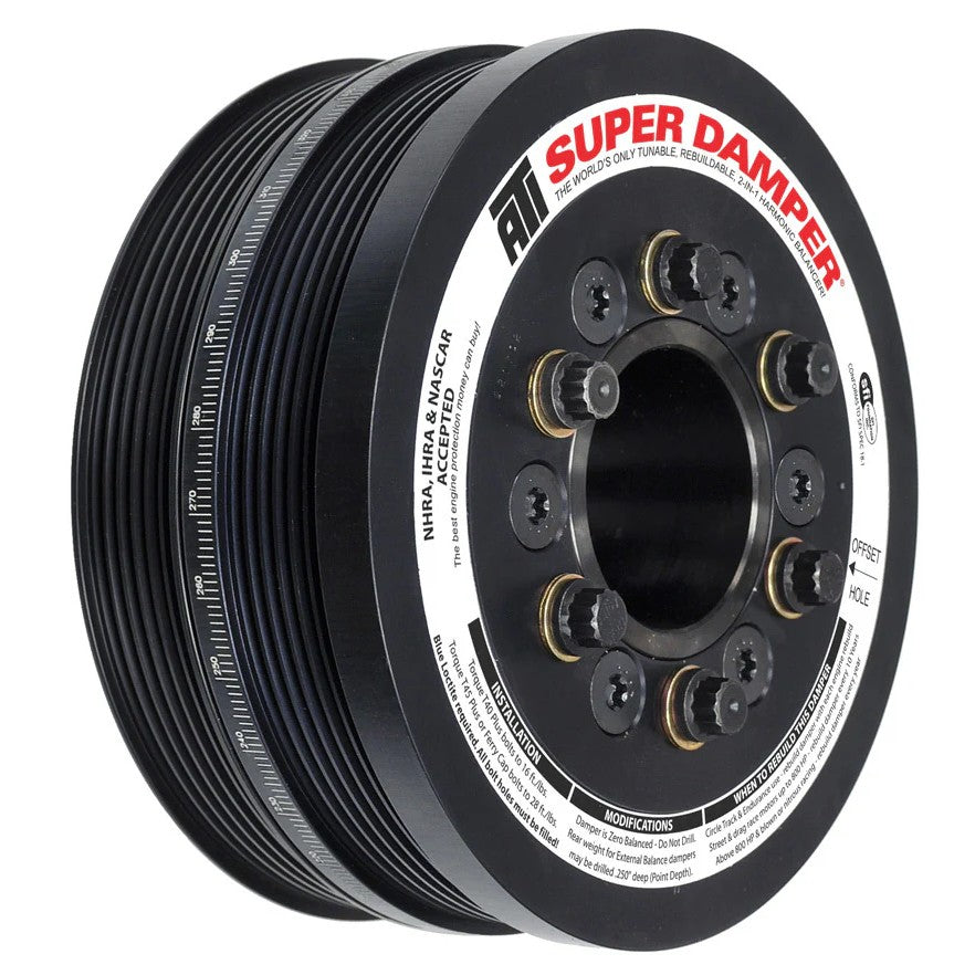 ATI Super Damper with 6.78 inch aluminum outer shell and dual 6-groove pulleys for Ford Coyote 5.0L engines.